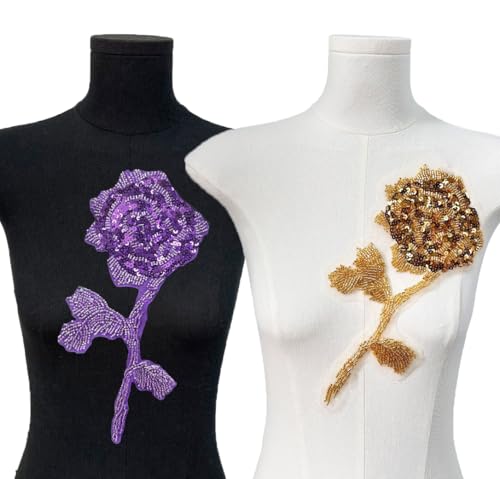 TMTGTS Perlen Applikation 2 Stück 3D Blumen Spitze Stickerei Pailletten Patches Strass Tüll Besatz Applikation Aufnäher Glitzer für Kleidung Hochzeitskleid Deko Ornamente Aufnähen Aufbügeln(4#+1#) von TMTGTS