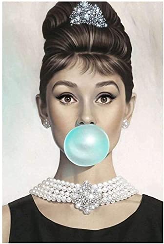 TMXON 5D-Diamantmalerei zum Selbermachen, Kristall-Strass-Gemälde, Audrey Hepburn, bläst blaue Seifenblasen, Bilder, Stickbilder, Kunsthandwerk für Erwachsene und Kinder, 30 x 40 cm von TMXON