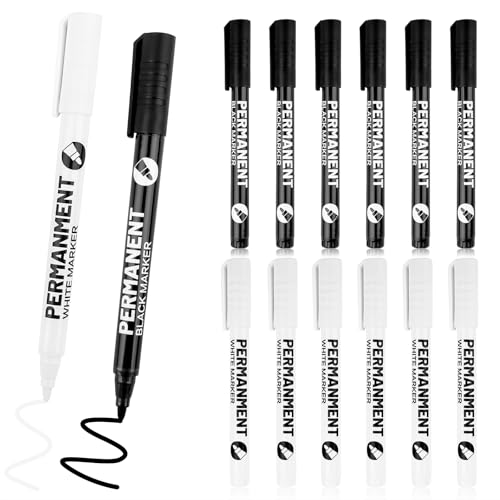 TNEDFOD 10 Stück Marker, Trocknender Wasserfest und Schnell Trocknender Permanent 6 Stück Marker Schwarz, 6 Stück Marker Weiß, Lackstift für DIY Zeichnung Stifte, Felsmalerei Keramik Leinwand von TNEDFOD