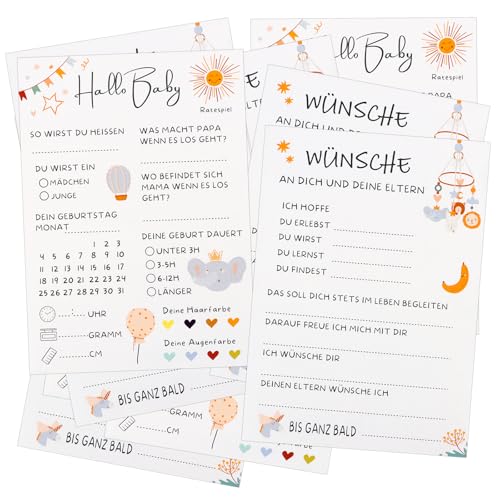 TNEDFOD 20 x Babyshower Ratespiel Karten zum Ausfüllen, Beidseitig Bedruckt, Ratespiel für die Babyparty, Tippkarten Jungen und Mädchen für die Gender Reveal Feier und Babyshower Spiele - Deutsch von TNEDFOD