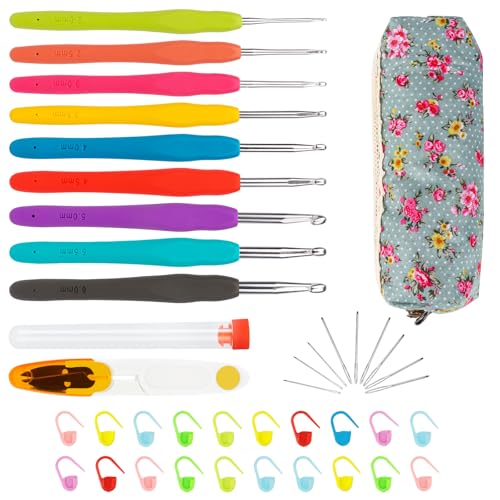 TNOMSNO Häkelnadel Set, 9 Stück Bunte Häkelnadel 2,0 mm–6,0 mm, Ergonomische Stricknadeln und Soft Gummi Comfort Grip Häkelset, Häkelnadeln Perfekt Für Anfänger Und Erfahrene Häkelliebhaber von TNOMSNO