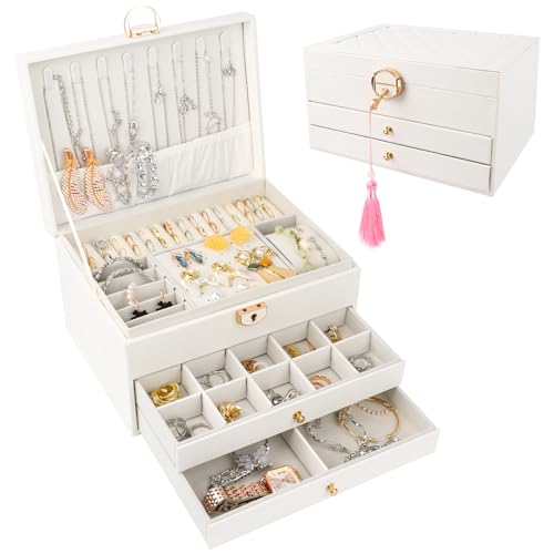 TNOMSNO Schmuckkästchen 3 Ebenen, Schmuckaufbewahrung Schmuck Organizer mit Schloss, Schmuckschatulle Jewelry Organizer Jewelry box für Ringe, Ohrringe, Halskette, Uhren von TNOMSNO