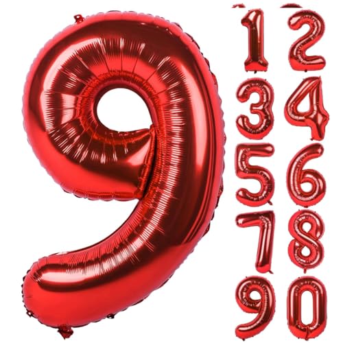 TNSRAY Luftballons Geburtstag Zahlen 9, Rot, 32 Zoll (82cm) Helium Ballons, Folienballon Geburtstagsdeko Geburtstag Zahlen Luftballon, Folienballon Riesen Folienballon für Kinder, Junge, Mädchen von TNSRAY