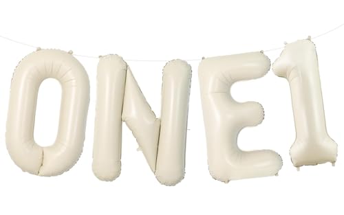 Beige Luftballons ONE+1, 40 Zoll XXL Große Sandweiß Buchstabe ONE Folienballons mit Creme Weiß Zahl 1 Helium Ballons für Jungen Mädchen 1 Jare Geburtstagsdeko Babyparty Jubiläum Party Deko von TNYKER