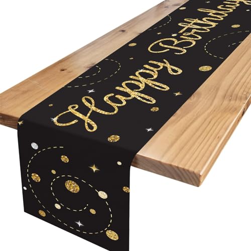 Tischläufer Geburtstag Schwarz Gold, Tischdecke Geburtstag mit Konfetti, Happy Birthday Tischläufer zum Geburtstag, Tischdeko Geburtstag für Junge Mädchen Party Geburtstagsdeko, 180 x 35 cm von TNYKER