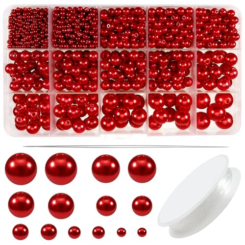 TOAOB 1400 Stück Kunstperle mit Loch Runde Perlen set zum Auffädeln Schmuck Perlen Rot 3mm 4mm 6mm 8mm 10mm 12mm 14mm für Dekorieren Kleidung Halsketten Armbänder von TOAOB THE ONE AND ONLY BABY