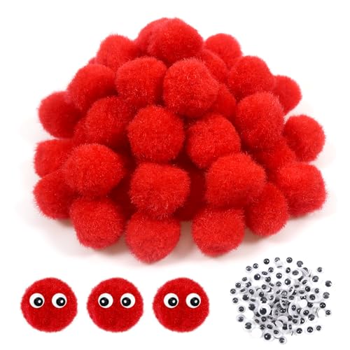 TOAOB 50 Stück Pompons zum Basteln Groß 2 cm Rot Pompom Flauschigen Plüsch set Bälle Kunst Bommel mit 100 Stück Selbstklebend Wackelaugen für Dekorieren Verzieren Nähen DIY Lustige Kreativen Handwerk von TOAOB THE ONE AND ONLY BABY