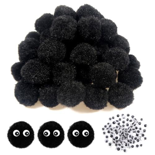 TOAOB 50 Stück Pompons zum Basteln Groß 2 cm Schwarz Pompom Flauschigen Plüsch set Bälle Kunst Bommel mit 100 Stück Selbstklebend Wackelaugen für Dekorieren Verzieren Nähen DIY Lustige Kreativen von TOAOB THE ONE AND ONLY BABY