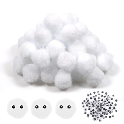 TOAOB 50 Stück Pompons zum Basteln Groß 2 cm Weiß Pompom Flauschigen Plüsch set Bälle Kunst Bommel mit 100 Stück Selbstklebend Wackelaugen für Dekorieren Verzieren Nähen DIY Lustige Kreativen Handwerk von TOAOB THE ONE AND ONLY BABY