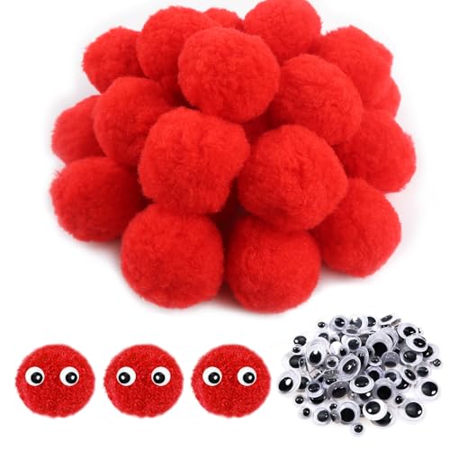 TOAOB 50 Stück Pompons zum Basteln Groß 4 cm Rot Pompom Flauschigen Plüsch set Bälle Kunst Bommel mit 100 Stück Selbstklebend Wackelaugen für Dekorieren Verzieren Nähen DIY Lustige Kreativen Handwerk von TOAOB THE ONE AND ONLY BABY