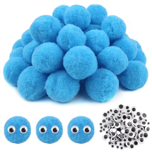 TOAOB 50 Stück Pompons zum Basteln Groß 5 cm Blau Pompom Flauschigen Plüsch set Bälle Kunst Bommel mit 100 Stück Selbstklebend Wackelaugen für Dekorieren Verzieren Nähen DIY Lustige Kreativen Handwerk von TOAOB THE ONE AND ONLY BABY