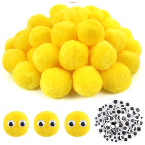 TOAOB 50 Stück Pompons zum Basteln Groß 5 cm Gelb Pompom Flauschigen Plüsch set Bälle Kunst Bommel mit 100 Stück Selbstklebend Wackelaugen für Dekorieren Verzieren Nähen DIY Lustige Kreativen Handwerk von TOAOB THE ONE AND ONLY BABY