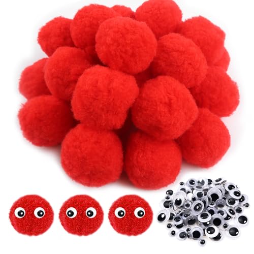 TOAOB 50 Stück Pompons zum Basteln Groß 5 cm Rot Pompom Flauschigen Plüsch set Bälle Kunst Bommel mit 100 Stück Selbstklebend Wackelaugen für Dekorieren Verzieren Nähen DIY Lustige Kreativen Handwerk von TOAOB THE ONE AND ONLY BABY