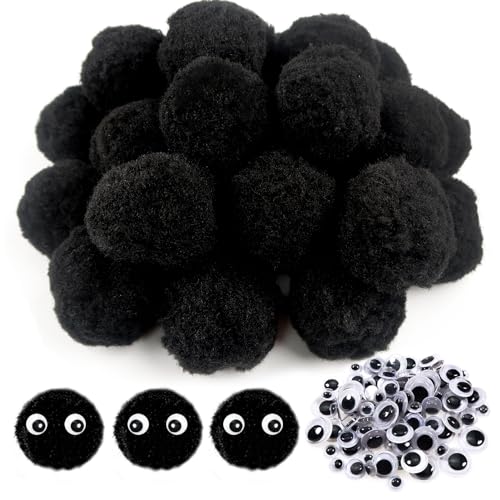 TOAOB 50 Stück Pompons zum Basteln Groß 5 cm Schwarz Pompom Flauschigen Plüsch Bälle Kunst Bommel mit 100 Stück Selbstklebend Wackelaugen für Dekorieren Verzieren Nähen DIY Lustige Kreativen Handwerk von TOAOB THE ONE AND ONLY BABY