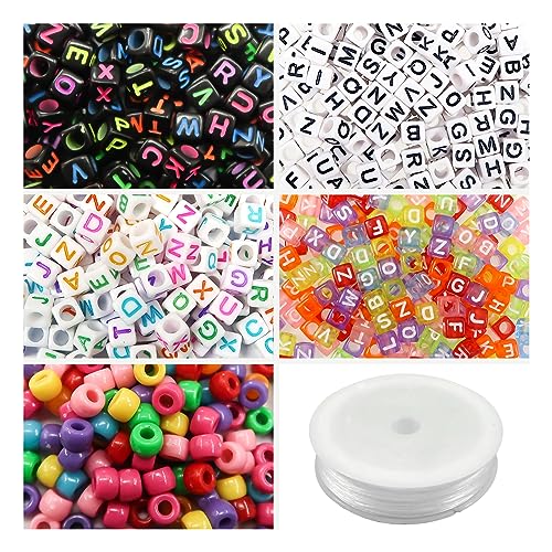 TOAOB 800 Stück 4 Farben Buchstaben Perlen 6mm Acryl Würfelperlen Cube Alphabet A-Z Spacer Zwischenperlen und 400 Stück 9mm Bunte Pony Perlen mit Elastisch Schnur für Schmuck DIY Basteln von TOAOB THE ONE AND ONLY BABY