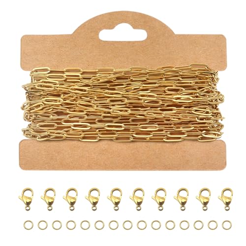 TOAOB Gold 5M Gliederkette Chain 3mm Edelstahl Kabel Metallkette Kette Meterware Halsketten Kette Bulk mit 30 Sprung Ringe und 10 Karabiner Verschlüsse für DIY Schmuck von TOAOB THE ONE AND ONLY BABY