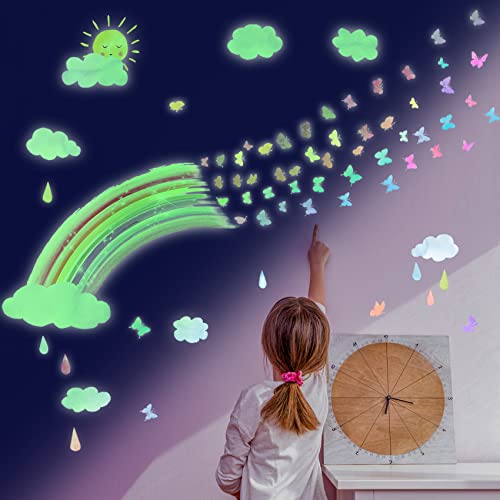 TOARTI 66pcs Wandtattoo Kinderzimmer Mädchen,Regenbogen Leuchtend Aufkleber für Mädchen Schlafzimmer,Schmetterling Wandsticker Babyzimmer Wohnzimmer Deko,Regenbogen Fluoreszierend Sticker Geschenke von TOARTi