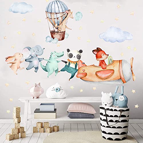 TOARTI Flugzeug Tier Wandtattoo,Lichtfarbe Babyzimmer Wandsticker,Wandaufkleber Kinderzimmer Tiere,104x30 cm (BxH),DIY Elefant Giraffe Panda Wandaufkleber für Junge Mädchen Schlafzimmer Wanddeko von TOARTi