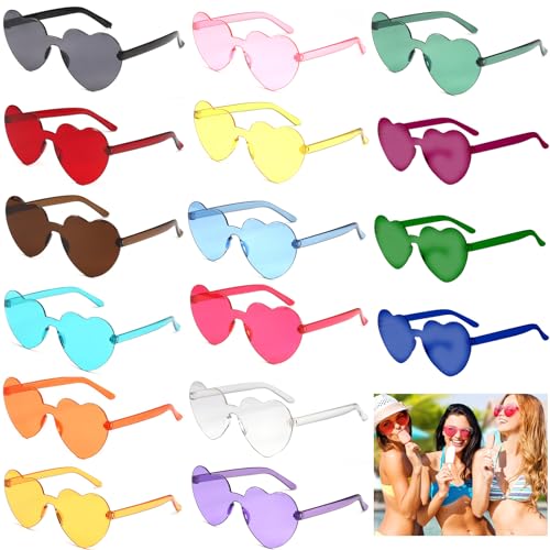 TOATELU 16 Stück Herz Sonnenbrille, Bunte Herzbrille Lustige Randlose PartyBrillen Partybrille Hippie Brille, Transparente Candy Color Sonnenbrille für Karneval, Geburtstagsfeier von TOATELU