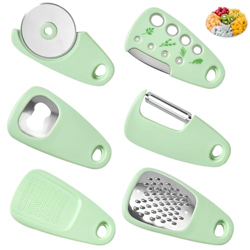 TOATELU Küchen Gadgets 6er Set: Camping Zubehör ink Pizzaschneider Obstschäler Kräuterstripper Öffner Mühle und Reibe, Tragbare Camping Gadgets, Tragbare Küchenhelfer, Küche Zubehör(Grün) von TOATELU