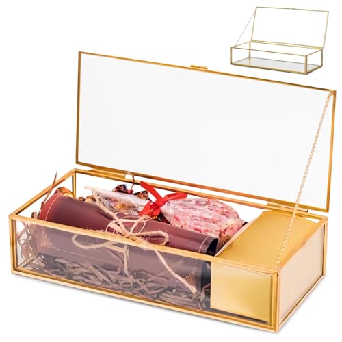 TOATELU Schmuck Organizer Glas Rechteck Schmuckschatulle Große Schmuck Dekorative Box, Transparent Glass Schmuck Storage Organizer, Schmuck Organizer für Trinkets Ohrringe Ringe Halsketten, Golden von TOATELU