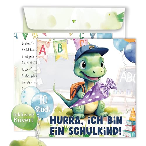 TOBJA 10er Set Einschulung Einladungskarten Inklusive bedruckte Umschläge Süßes Dino Design Einladung Einschulung Junge und Mädchen (Dino) von TOBJA