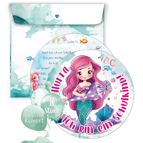 TOBJA 10er Set Einschulung Einladungskarten - Inklusive bedruckte Umschläge | Süßes Meerjungfrau Design | Einladung Einschulung Mädchen TOBJA 10er Set Einschulung Einladungskarten - Inklusive bedruckte Umschläge | Süßes Meerjungfrau Design | Einladung Einschulung Mädchen von TOBJA