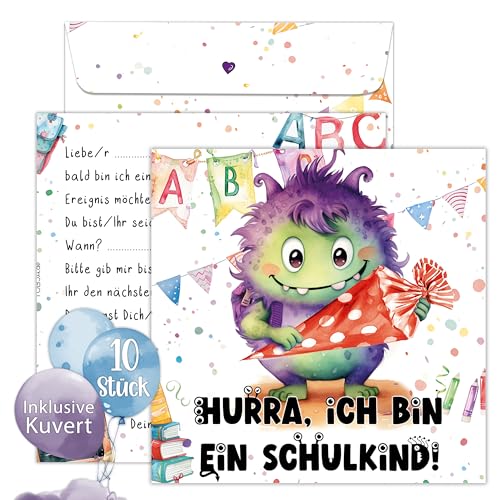 TOBJA 10er Set Einschulung Einladungskarten Inklusive bedruckte Umschläge Süßes Monster Design Einladung Einschulung Junge und Mädchen (Monster) von TOBJA