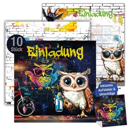 TOBJA 10x Einladungskarten Kindergeburtstag Mädchen & Jungen – Graffiti Eulen Design XXL 15 x 15 cm | mit Stickern & Umschlägen | Geburtstagseinladungen für Teenager & Kinder (inkl. Umschläge) von TOBJA