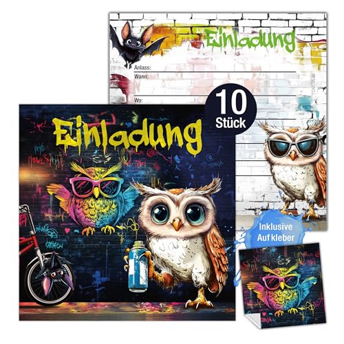 TOBJA 10x Einladungskarten Kindergeburtstag Mädchen & Jungen – Graffiti Eulen Design XXL 15 x 15 cm | mit Stickern & Umschlägen | Geburtstagseinladungen für Teenager & Kinder (ohne Umschläge) von TOBJA