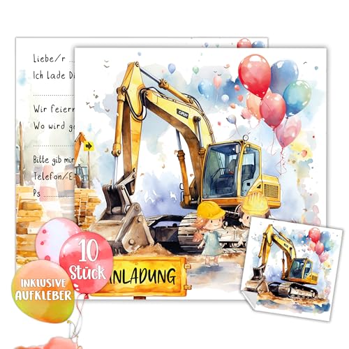 TOBJA Einladung Kindergeburtstag Junge & Mädchen | XXL Einladungskarten Geburtstag 15 x 15 cm | 10er Set mit Stickern | Geburtstagseinladungen (Bagger) von TOBJA