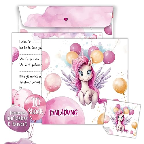 TOBJA Einladungskarten Einhorn inkl. Sticker | XXL Einhorn Kindergeburtstag 15 x 15 cm Partyeinladungen | 10er Set mit Umschlägen & Stickern | Einladungskarten Kindergeburtstag (Einhorn) von TOBJA