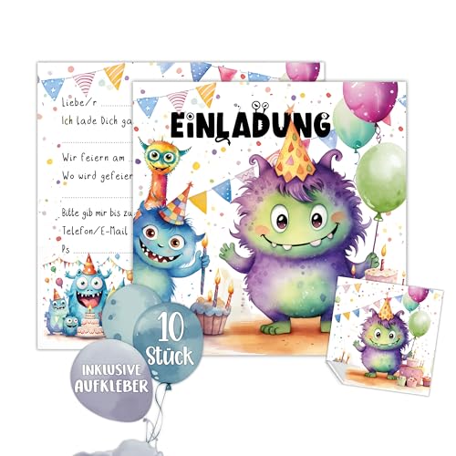 TOBJA Monster Einladung Kindergeburtstag Junge & Mädchen | XXL Monster Einladungskarten Geburtstag 15 x 15 cm | 10er Set mit Stickern | Geburtstagseinladungen (Monster) von TOBJA