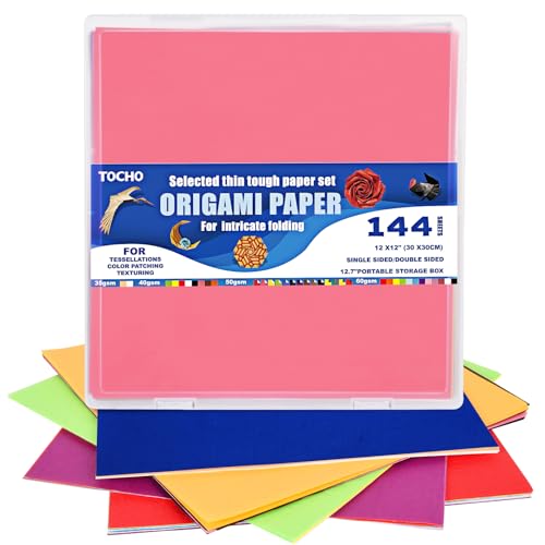 TOCHO Großes Origami-Papier-Set, 35–60 g/m², 30 x 30 cm, 144 Blatt, dünne, robuste farbige Papiere, 30,5 cm quadratisches Papier in der 32,7 cm tragbaren Aufbewahrungsbox, echtes Oragami für die von TOCHO