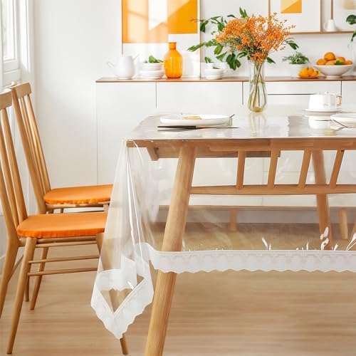 TOCOMOA Tischdecke Abwaschbar Transparent, PVC Durchsichtige Tischdecken Outdoor, Tischschutz Wasserabweisend Fleckschutz, Tischtuch Lotuseffekt Eckig 100x140 cm mit Spitzenbordüre von TOCOMOA