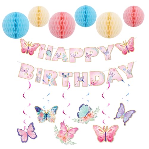 TOEECY Happy Birthday Banner Girlande Geburtstag Deko Wabenball Geburtstagsdeko Hängende Wirbel Streamer Luftschlangen mit Schmetterlinge für Frauen Mädchen Party Dekoration von TOEECY