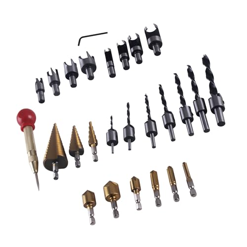 TOHANIYE Holzbearbeitung Senker Bohrwerkzeug 26 Stück, including 6 Countersink Drill Bits, 7 Three Pointed Countersink Drill Bit with L-wrench, 8 Wood Plug cutter, 3 Step Drill Bit, and Automatic von TOHANIYE