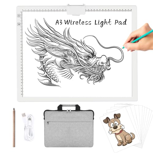 TOHETO Wiederaufladbares LED-Lichtpad mit Tragetasche, A3, 6-stufig und stufenlos, 3 Farben, dimmbare Helligkeit, Lichtbox mit integriertem Ständer, magnetischer Clip für Diamantmalerei, Jäten, Vinyl von TOHETO