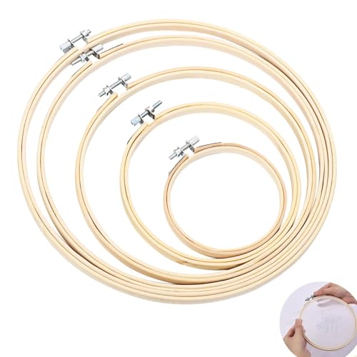 TOKERD 5 Stück Stickrahmen Set Holz Bambus Kreuzstich Rahmen Einstellbar Stickerei Ring Hoop Runden Bambus Kreis Set Nähmaschine Stickerei Ring Cross Stitch Hoop für Dekoration DIY Nähen von TOKERD