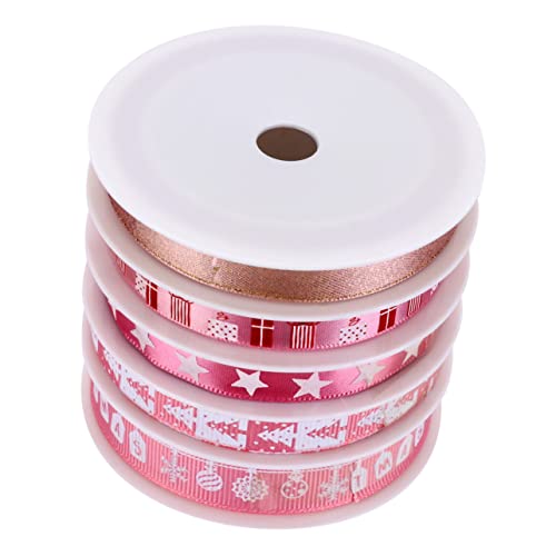 TOKIDNY 5 Rollen dekoratives Dekorationsband Weihnachtsgeschenke Paketband Bastelbänder weihnachtsdrahtband weihnachtsdeko geschenkband ribbons Dekorband Weihnachtsband Stoff Rosa von TOKIDNY