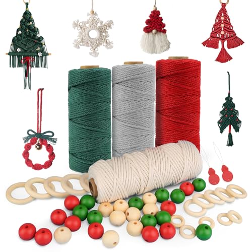 TOKIISHE Makramee Set für Weihnachtsdeko, Makramee Baumwollgarn 3mm x 40m Rot, Grün, Beige, Grau, Makramee Zubehör, Baumwoll Bastelschnur für DIY Weihnachten Deko Weihnachtsbaum Dekoration Hängende von TOKIISHE