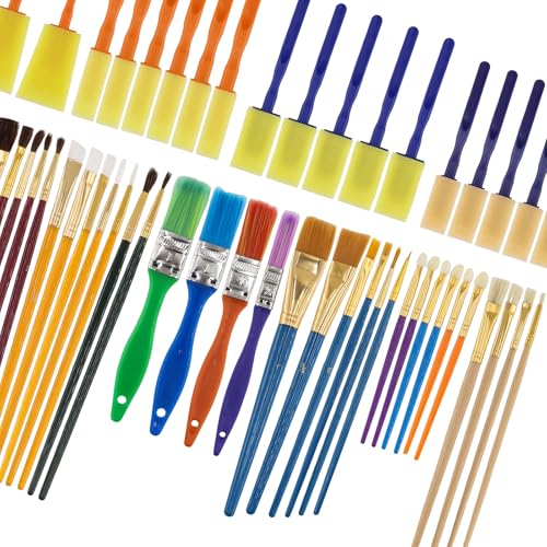 TOKSEO 50 Stück Pinsel Set, Künstlerpinsel im Set, Paint Brush Set, Aquarellpinsel Set, Schaumstoffpinsel Nylon Pinsel Schweineborsten Pinsel für Wasserfarben Anfänger,Kinder und Gemälde Liebhaber von TOKSEO