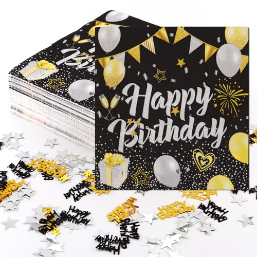 TOKSEO 60 Stück Schwarz Gold Geburtstag Servietten Happy Birthday, 33x33cm Servietten Geburtstag mit Geburtstag Konfetti für Geburtstag Party Deko von TOKSEO