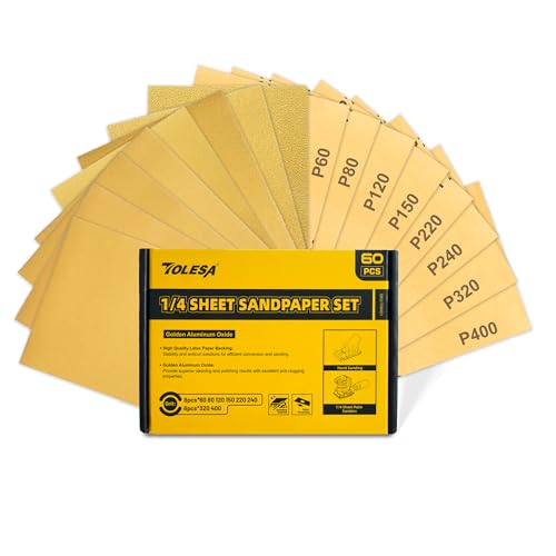 Tolesa Schleifpapier Set 60 Stück, 60 bis 400 Sandpaper Sheets 114x140mm, Körnung Sandpapier für Holz Möbel Finishing, Metall Schleifen, Automotive Polieren von TOLESA