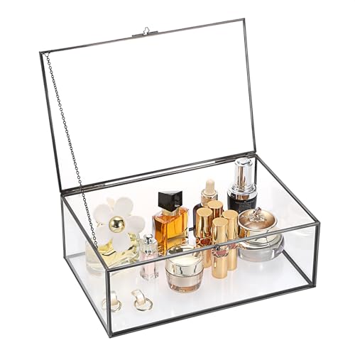 TOLIDA Extra große Vintage-Schmuckschatulle mit Deckel aus Glas – rechteckige Schmuckschatulle, Tisch-Glas-Display-Box für Schmuck, Ringe, Armbänder, Halsketten, Glas-Aufbewahrungsbox (schwarz) von TOLIDA