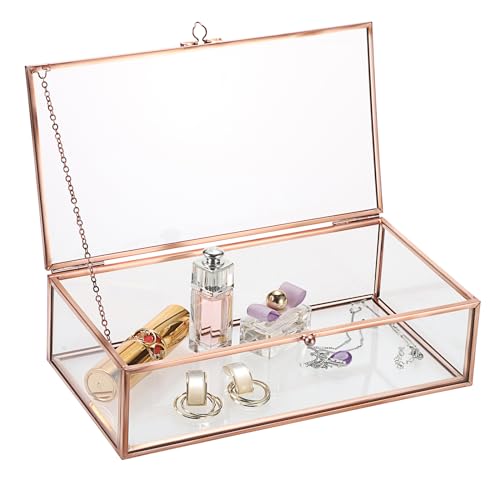 TOLIDA Große Vintage-Schmuckschatulle mit Deckel aus Glas – rechteckige Schmuckschatulle, Tisch-Glas-Display-Box für Schmuck, Ringe, Armbänder, Halsketten, Glas-Aufbewahrungsbox (Roségold) von TOLIDA