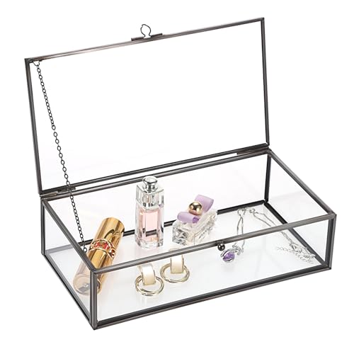 TOLIDA Große Vintage-Schmuckschatulle mit Deckel aus Glas – rechteckige Schmuckschatulle, Tisch-Glas-Display-Box für Schmuck, Ringe, Armbänder, Halsketten, Glas-Aufbewahrungsbox (schwarz) von TOLIDA