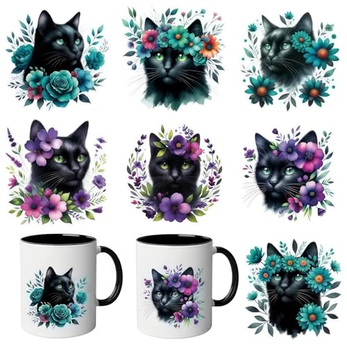 7 x schwarze Katze und Blumen, UV-DTF-Becher-Wraps, Winter, UV-DTF-Transfer, wasserdichte Aufkleber für Glasbecher, Möbel, Handwerk, DIY, Handwerk, Reibung, Transfer-Aufkleber für DIY-Wasserflasche, von TOLOVIS