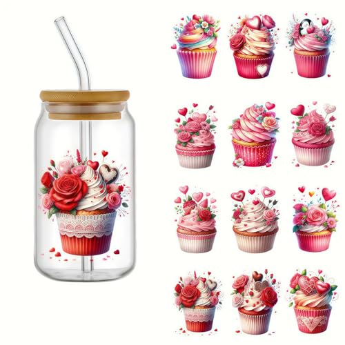 Valentinstag Cupcake UV DTF Transfer Aufkleber, 4 Stück Wasserdichte Glas Cup Wraps DIY Decals für Wasserflasche, Laptop, Holz von TOLOVIS