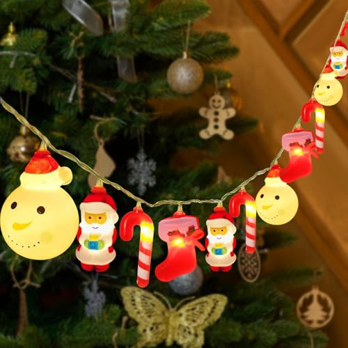 Dekorative Weihnachtslichter, 20 LED Weihnachtsbeleuchtung mit Schneemann, Weihnachtsmann und Strumpfmustern, Warmweiß, Fernbedienung/USB-Betrieben, LED Lichterkette für Weihnachtsdekoration von TOLOYE